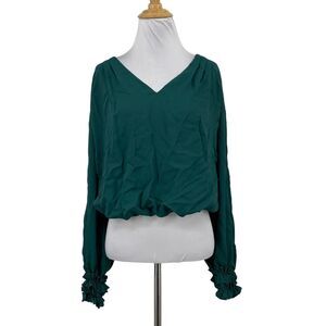 Express Blouse Womens S Small Green V Neck Cropped Puff Sleeve Ruffle Cuffs Top